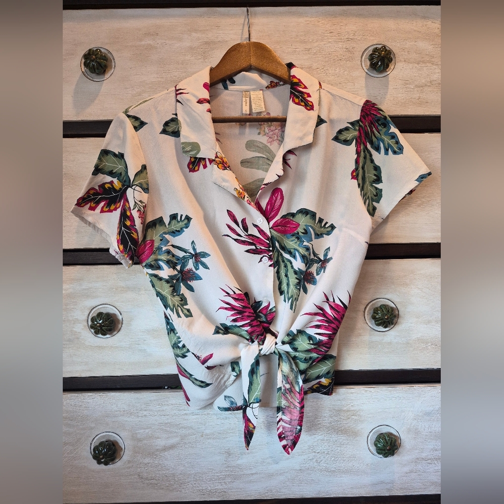 Japna Tropical Floral Button Down Shirt - Cream and Pink